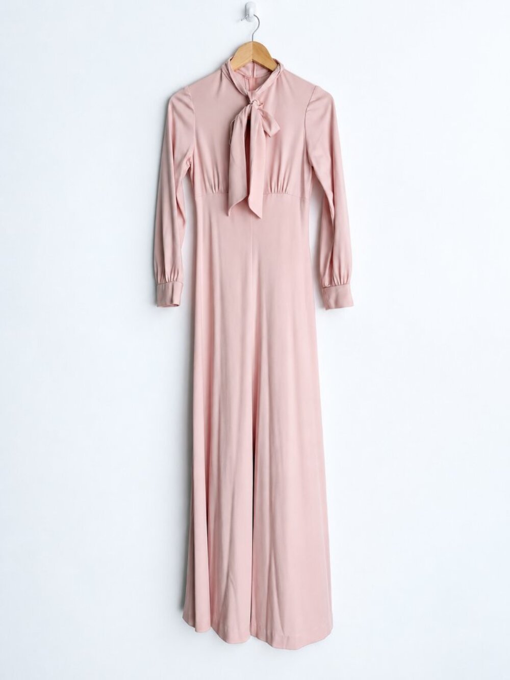 Vintage 1970s Blush Pink Tie Neck Long Sleeve Maxi Dress Coquette XS